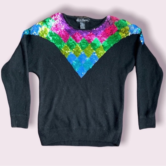Vintage‎ 90s Work In Progress Gladys Badgley Black Sequin Sweater Size Medium - Picture 1 of 7